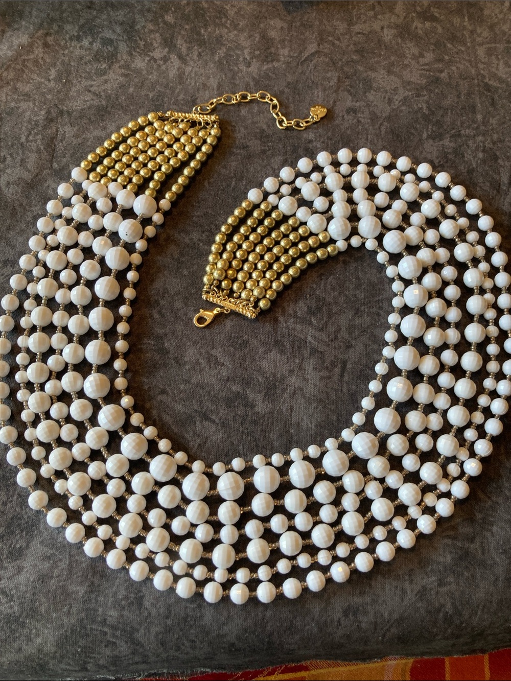 Exquisite Gold and White Beaded Statement Collar Necklace